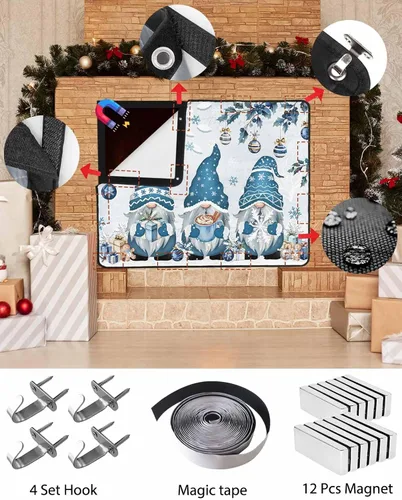 Vista 63 de Cubierta magnética azul para chimenea, detiene la pérdida de calor, pantalla de chimenea para interiores, bolas de gnomos de Navidad, árbol de copo