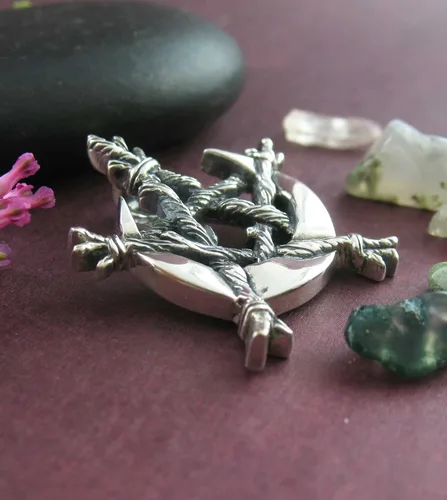 Vista 4 de Woot & Hammy Crescent Moon Bound by Twigs Pentagram Pendant, 100% Sterling Silver, Handmade