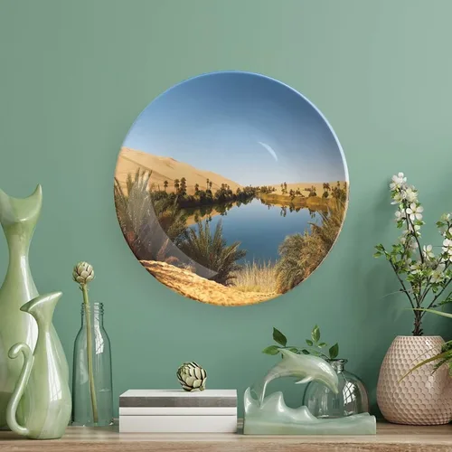 Vista 5 de XISUNYA Plato decorativo de 6 pulgadas, artesanía de cerámica del desierto, Oasis idílico Awbari Sand Sea Sahara Libia Pond Print Ornament Plate