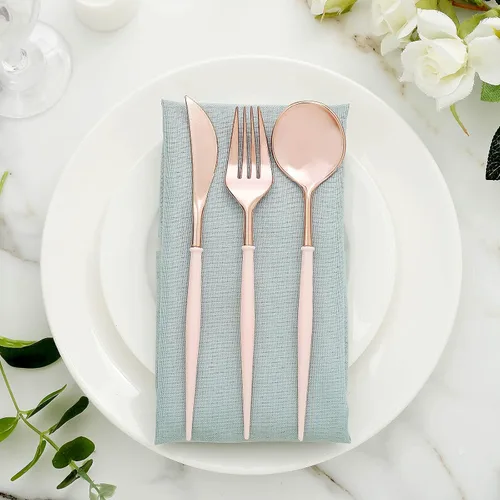 Vista 14 de Cubiertos de plástico Silverwar de plástico plateado con mango azul, cubiertos desechables pesados que incluyen 8 tenedores, 8 cucharas, 8 cuchillos