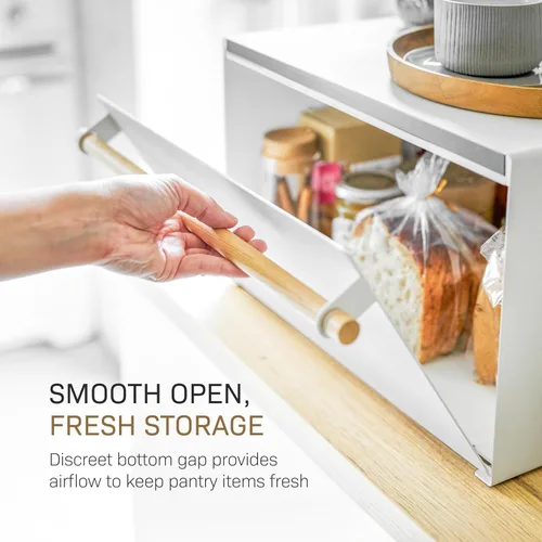Vista 6 de YAMAZAKI Caja de Pan Moderna para el Hogar – Contenedor de Almacenamiento de Pan de Acero + Madera para Encimera, Caja de Pan Grande Blanca