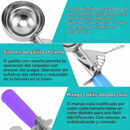 Vista 3 de JUNADAEL J Cuchara de helado con gatillo, juego de cucharas para galletas, incluye cuchara de 1.2 onzas/2 onzas/4 onzas, control de porciones