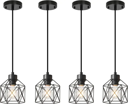 Vista 7 de Paquete de 3 lámparas colgantes colgantes, lámpara colgante industrial para comedor, dormitorio, pasillo, lámpara colgante de jaula de metal negro