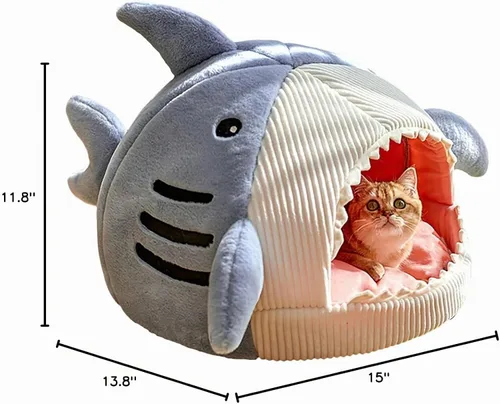 Vista 7 de QWINEE Cama para Gatos en Forma de Tiburón, Cama para Gatitos, Casa de Escondite, Cálida, Suave, Cómoda, Semicerrada, Azul, Tamaño S