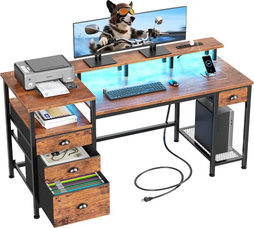 Vista 10 de Furologee Escritorio para juegos de 52 pulgadas con luces LED y tomas de corriente, escritorio reversible para computadora con 4 cajones, archivador