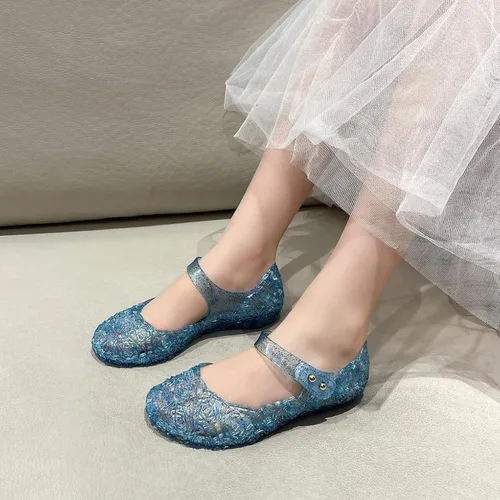 Vista 2 de Zapatos de gelatina para niñas, sandalias de cumpleaños de princesa Snow Queen para niñas pequeñas, sandalias azules con purpurina talla 9
