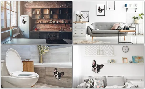 Vista 4 de Winston & Bear Calcomanías 3D para perros, paquete de 2 unidades, calcomanías de bulldog francés blanco y negro para pared, nevera, inodoro y más