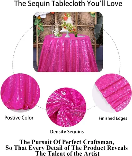 Vista 3 de Partisout - Mantel redondo de lentejuelas de 48 pulgadas color rosa brillante - Cubierta de mesa con purpurina brillante para boda, cumpleaños Rosa