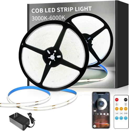 Vista 10 de COB - Tira de luces LED de 32.8 pies, 3000 K, blanco cálido, regulable, CC de 24 V, cinta de luces LED flexibles para dormitorio, con control remoto