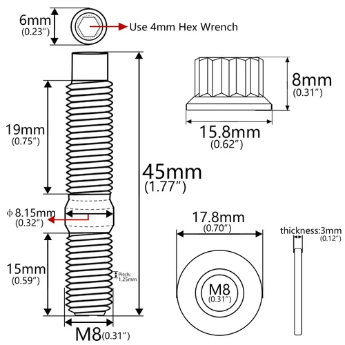 Vista 2 de Tornillo de titanio M8 M10x45 54 55 2.559 in paso 1.25 Kit de pernos de escape automotriz Kit tornillos, tuercas y arandelas Kit de 4 piezas