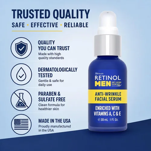 Vista 5 de Retinol Suero facial antiarrugas para hombre, la fórmula original Retinol antienvejecimiento para piel de aspecto más joven, enriquecido