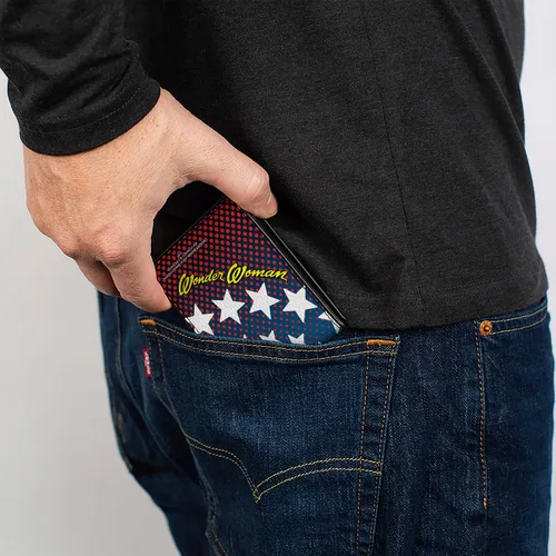 Vista 5 de Buckle-Down Billetera plegable de PU para hombre, diseño de estrellas y cara de la mujer maravilla, azul, rojo, amarillo, blanco, multicolor, 4.0 x