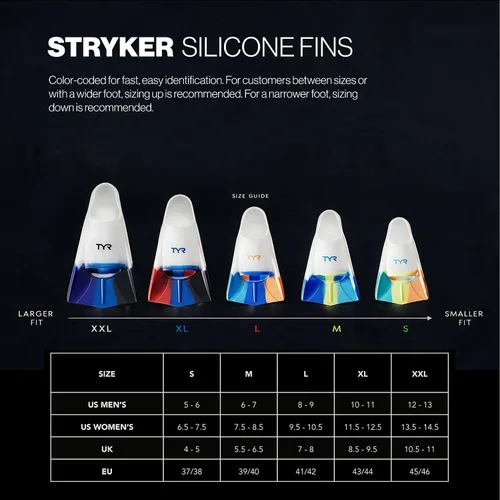 Vista 5 de TYR Stryker Silicone Fins - Short Blade Swimming Training Scuba Flippers Azul marino/rojo/transparente