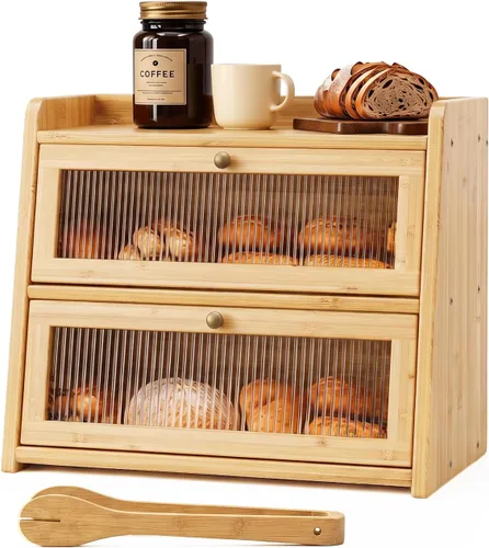 Vista 8 de Panera de bambú grande de doble capa para encimera de cocina, contenedor de almacenamiento de pan de gran capacidad de madera con soporte para pan