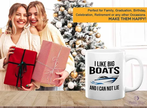 Vista 6 de Taza de café Boat Lover de 11 onzas, color blanco, con texto en inglés "I like Big Boats" (I like Big Boats), para amantes del lago, amante del mar