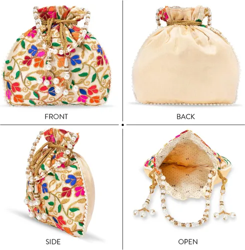 Vista 4 de Bolso de mano étnico de seda con perlas Batwa con asa para mujer