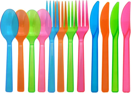 Vista 7 de Party Essentials Paquete combinado de cubiertos de plástico duro, 48 piezas/16 lugares, varios brillos de neón