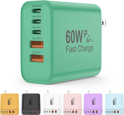 Vista 12 de Bloque de cargador USB C, bloques de carga 5 en 1 de 60 W, cargador rápido PD 3.0, enchufe de pared negro QC 2A, bloque de carga multipuerto tipo C