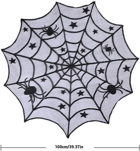 Vista 3 de Camino de mesa de Halloween, mantel redondo de encaje de araña de 40 pulgadas, mantel de Halloween para cena de Halloween (negro)