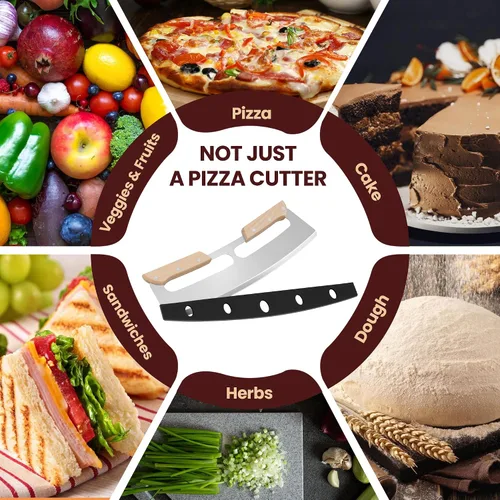 Vista 7 de Cortador de pizza balancín con mango de madera, cortador balancín de pizza premium de 14 pulgadas con hoja de acero inoxidable afilada y cubierta