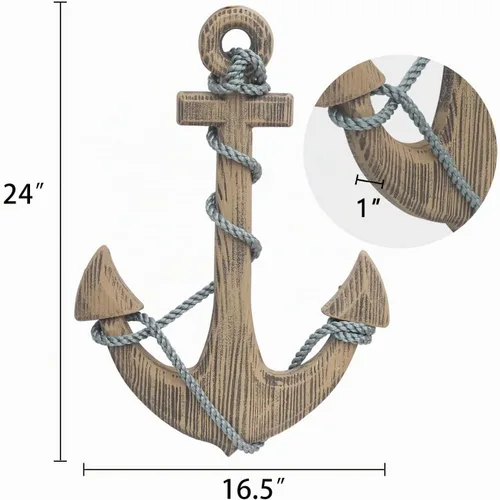 Vista 2 de Asense Decoración de pared de ancla de madera grande de 24 pulgadas, arte de pared náutico rústico hecho a mano con cuerda, decoración temática