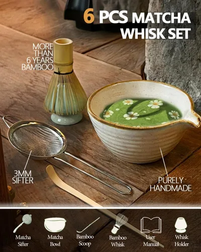 Vista 2 de Vaiheng Juego de batidor de matcha con cuenco matcha, soporte para batidor de matcha, batidor de bambú matcha, cuchara, tamiz, regalos del día