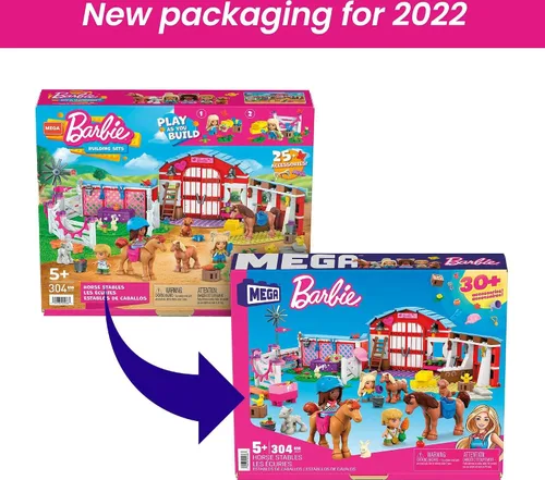 Vista 6 de MEGA Barbie Pets - Juego de construcción de caballos con 3 micromuñecas y accesorios, 9 mascotas, juego de establos de caballos fácil de construir