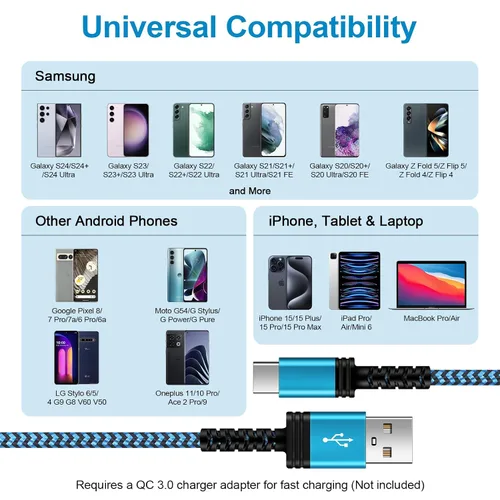 Vista 6 de Cable de carga rápida USB C para Samsung [3 unidades, 6 pies] cable de datos trenzado USB-A a tipo C para iPhone 15 Pro Max, Samsung Galaxy S24 A15
