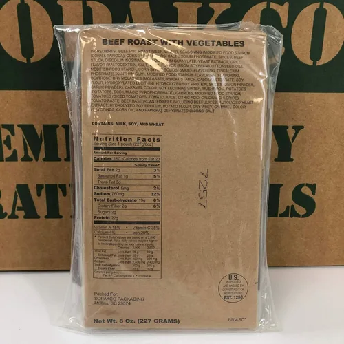 Vista 6 de Sopakco MRE Meals Ready-to-Eat Caja de 14 ct 10/20 Inspeccionar lote 7280 Reducido de sodio Compacto para llevar Nutrición estable