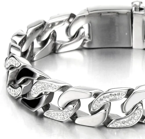 Vista 4 de COOLSTEELANDBEYOND Pulsera de cadena de acero inoxidable para hombre, altamente pulida con circonita cúbica