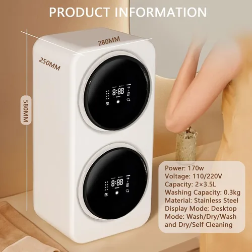 Vista 5 de 2 x 3.5 L Secadora de lavado portátil con panel de control, lavadora de ropa con bañera de acero inoxidable, 4 modos, secadora eléctrica