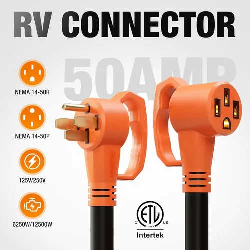 Vista 2 de Cable de extensión RV de 25 pies, 50 amperios, NEMA 14-50P a 14-50R 2-Negro naranja