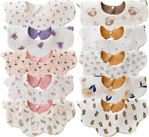 Vista 12 de Baberos de muselina para bebé niña niño para babeo y dentición, paquete de 10 Soft organic cotton muslin bibs for drooling, teething and feeding.