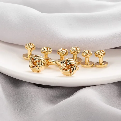 Vista 2 de HAWSON Gemelos con nudo y tachuelas de camisa para hombre en tono dorado o plateado, a juego con esmoquin blanco y negro, adecuados para el día