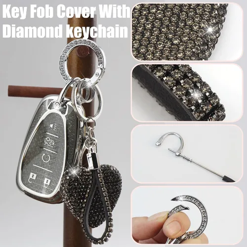 Vista 3 de Funda para Llavero con Llavero de Diamante para Mujeres Portallaves de Coche Compatible con Chevrolet Equinox Malibu Cruze Traverse Camaro Trax