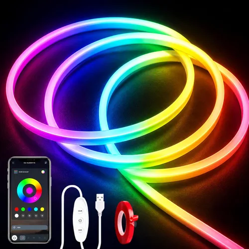 Vista 10 de Luces LED de neón de 50 pies con control remoto y aplicación, tira de luces de neón flexibles impermeables IP65 de 24 V RGB LED para dormitorio