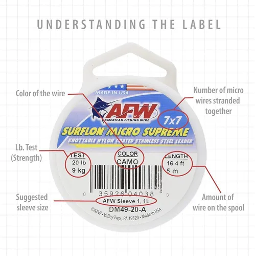 Vista 3 de American Fishing Wire Surflon Micro Supreme Nylon recubierto 7x7 de acero inoxidable, líder en alambres anudables para pesca en agua salada, pesca