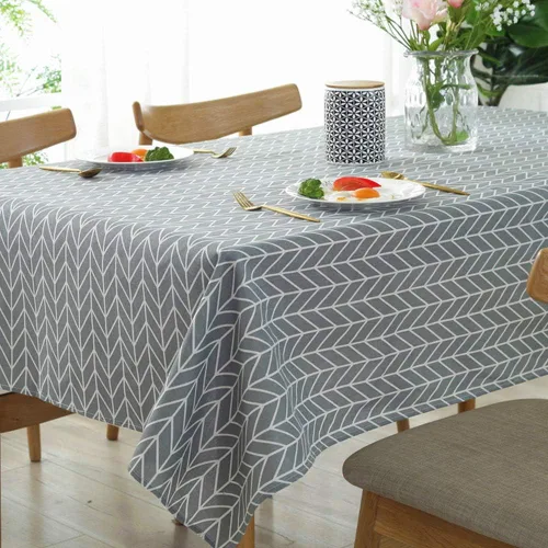 Vista 3 de meioro - Mantel rectangular de estilo granja color gris, de lino de algodón, con diseño de sarga nórdica, sin arrugas, con rayas en forma de flecha