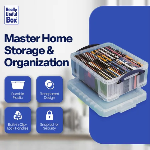 Vista 3 de Really Useful Box - Contenedores de plástico para almacenamiento de 17 litros con tapas de cierre y clip, transparentes
