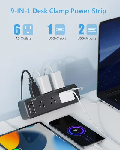 Vista 2 de Regleta de alimentación con abrazadera de escritorio de 6 salidas con USB C, protector de sobretensiones de enchufe plano, montaje de borde de Negro