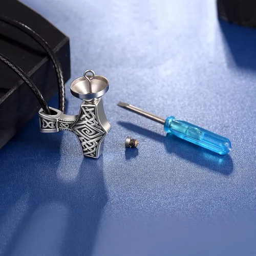 Vista 5 de Thors Hammer - Collar de urna Mjolnir para hombres y mujeres joyería vikinga nórdica para recuerdo de cenizas de cremación conmemorativa Metal