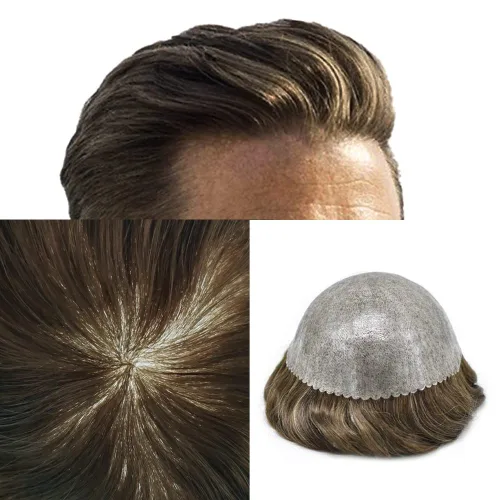 Vista 405 de Toupee para hombre 100% cabello humano real tupé para hombres 0.004 in piel de poliuretano para hombre, sistema de reemplazo de piezas de pelo