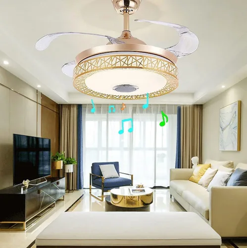 Vista 2 de Candelabro Bluetooth de 42 pulgadas con luces y control remoto, ventilador de techo moderno con cuchillas retráctiles, color dorado