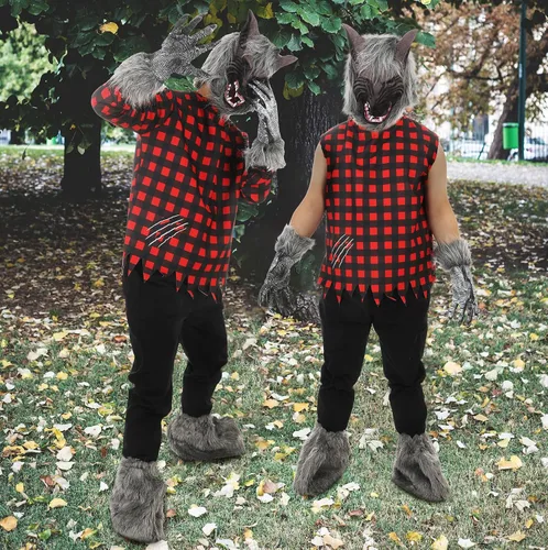 Vista 5 de Paquete de 6 disfraces de hombre lobo de Halloween para adultos, sin mangas, capucha de hombre lobo, guantes de lobo, cola y pierna, colmillos