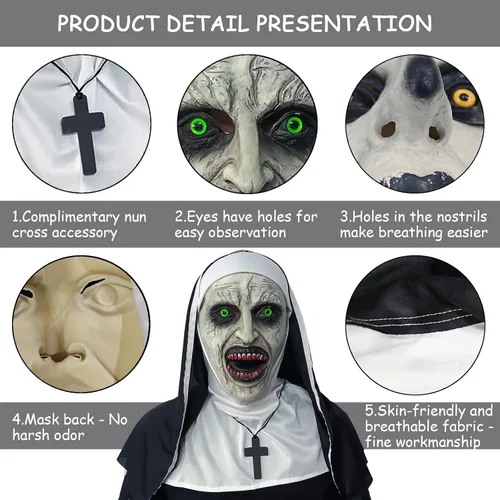 Vista 3 de Máscara espeluznante de monja de Halloween, para adultos, máscara aterradora de Halloween con colgante de cruz para fiestas de máscaras, casas