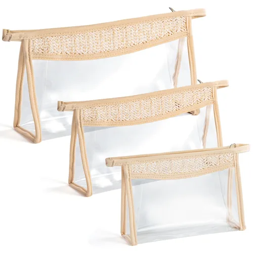Vista 7 de Bolsa de cosméticos con parches bohemios, bolsa de maquillaje para verano, playa, piscina, neceser de maquillaje, beige, transparente, impermeable