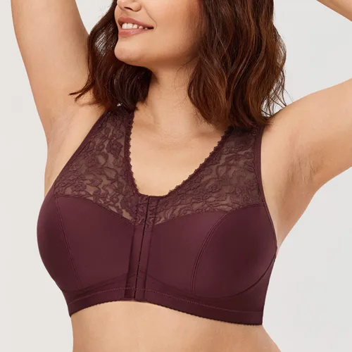 Vista 2 de CALVENA Sujetador de cierre frontal para mujer, cobertura completa, sin varillas, de encaje, talla grande, espalda cruzada