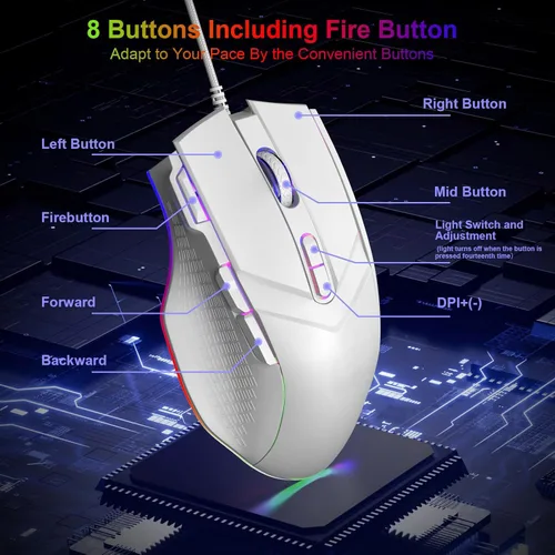 Vista 3 de LEWENTECH Ratón gaming 6 niveles de DPI ajustables hasta 7200 ratón gaming para PC con cable 8 botones programables 13 modos LED RGB ajustables 1.5