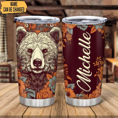 Vista 2 de Hyturtle Regalos personalizados para amantes de los osos – Vaso de acero inoxidable impreso con nombre floral personalizado de 20 onzas con tapa