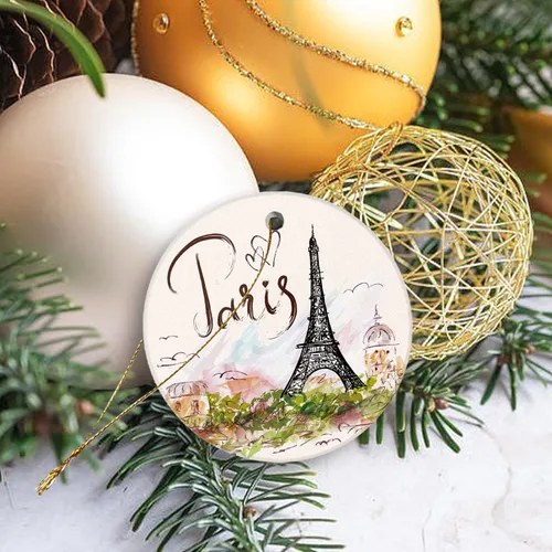 Vista 3 de Adornos de Navidad, adornos colgantes de Navidad de cerámica, impresión a doble cara, pintura de París